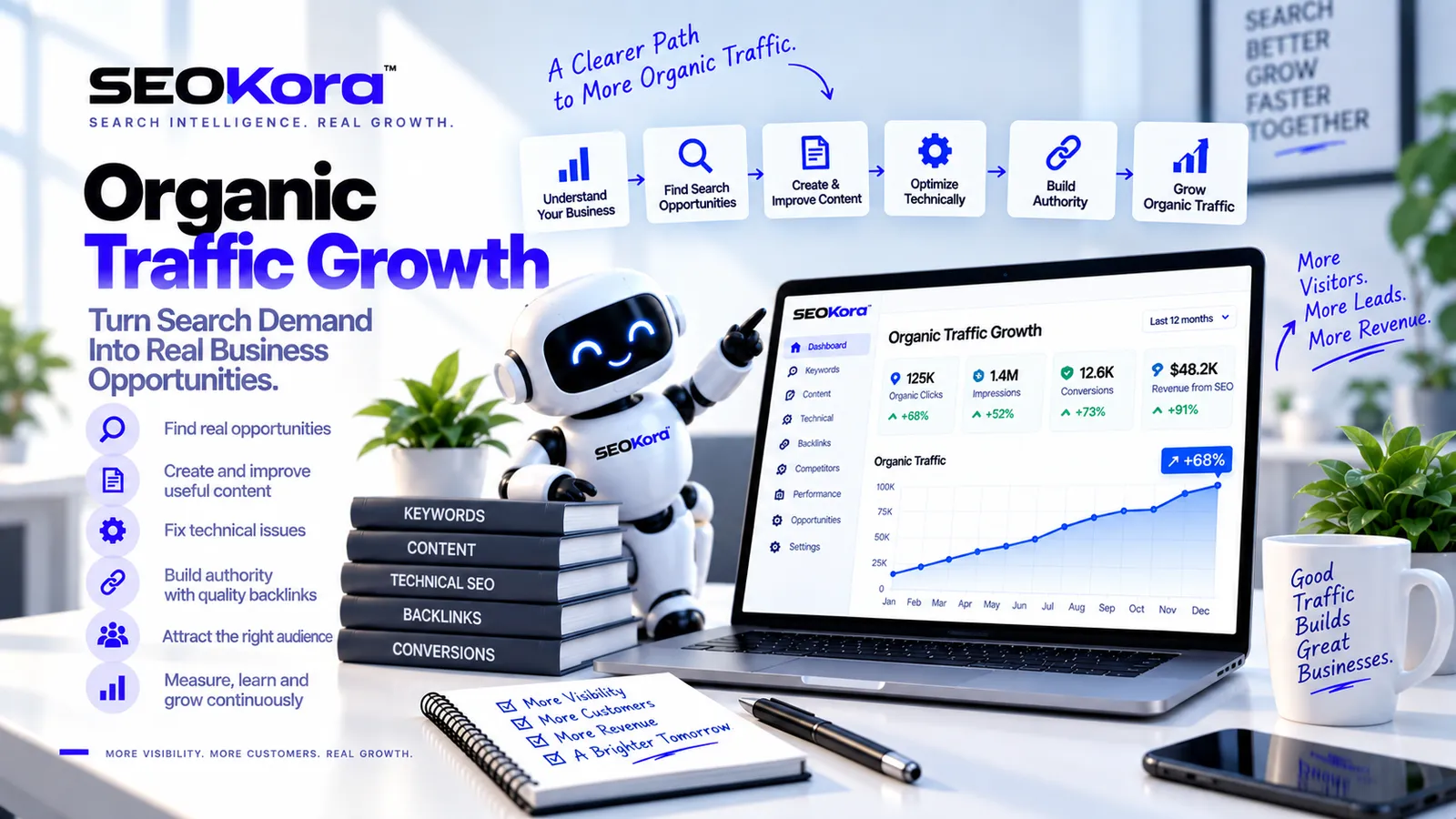 Organic traffic growth framework showing how SEO turns search demand into qualified website visitors and business growth