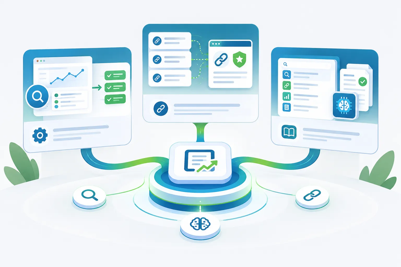 Abstract SEO tools illustration: automation and AI for backlinks and search console.