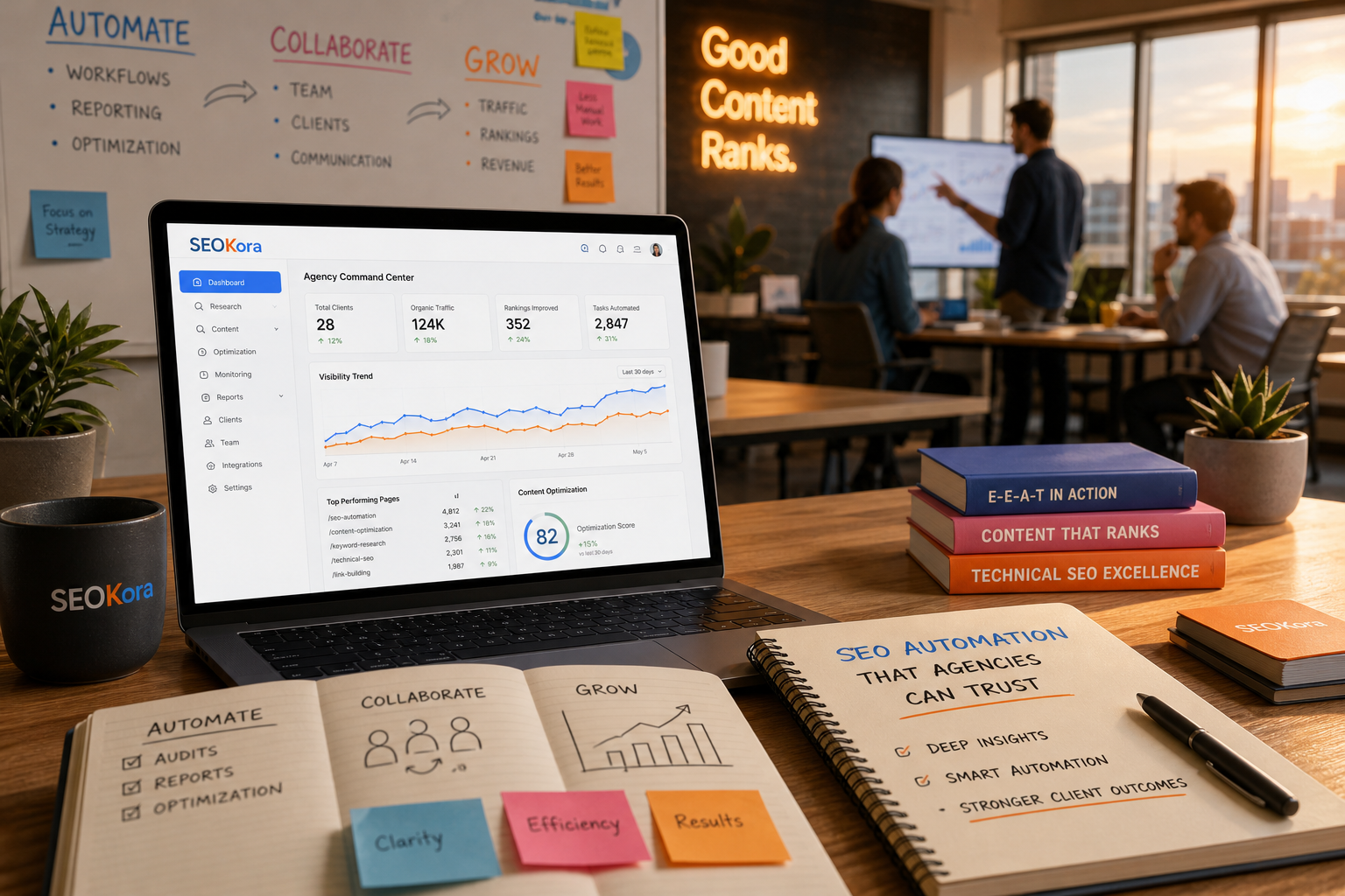 SEOKora: Material/detail emphasis: collaboration + clarity and collaboration — SEO automation platform for agencies