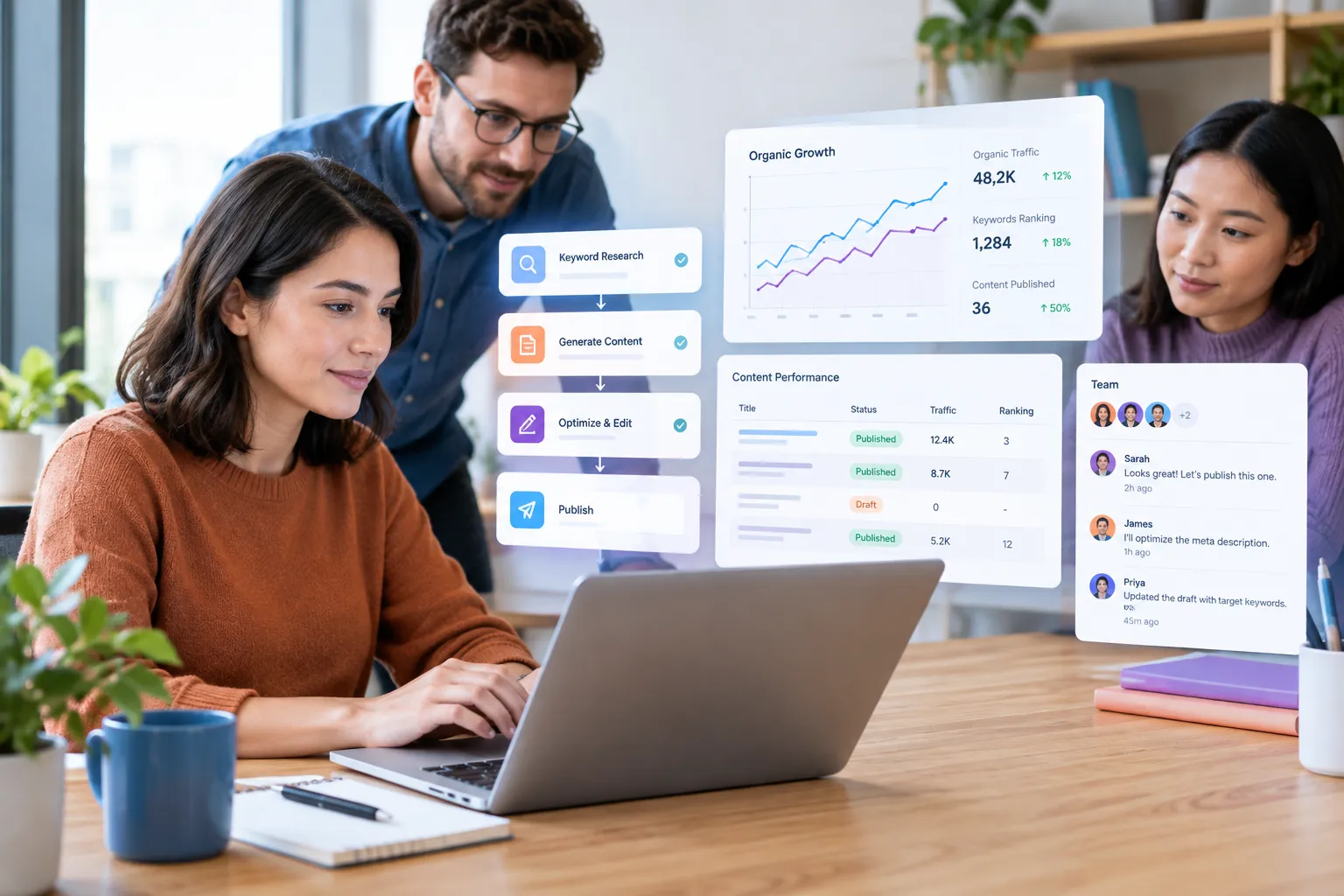 SEOKora: product UI and workflow — seo software with content automation