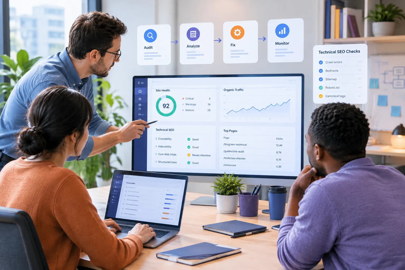 SEOKora: product UI and workflow — seo software with technical seo