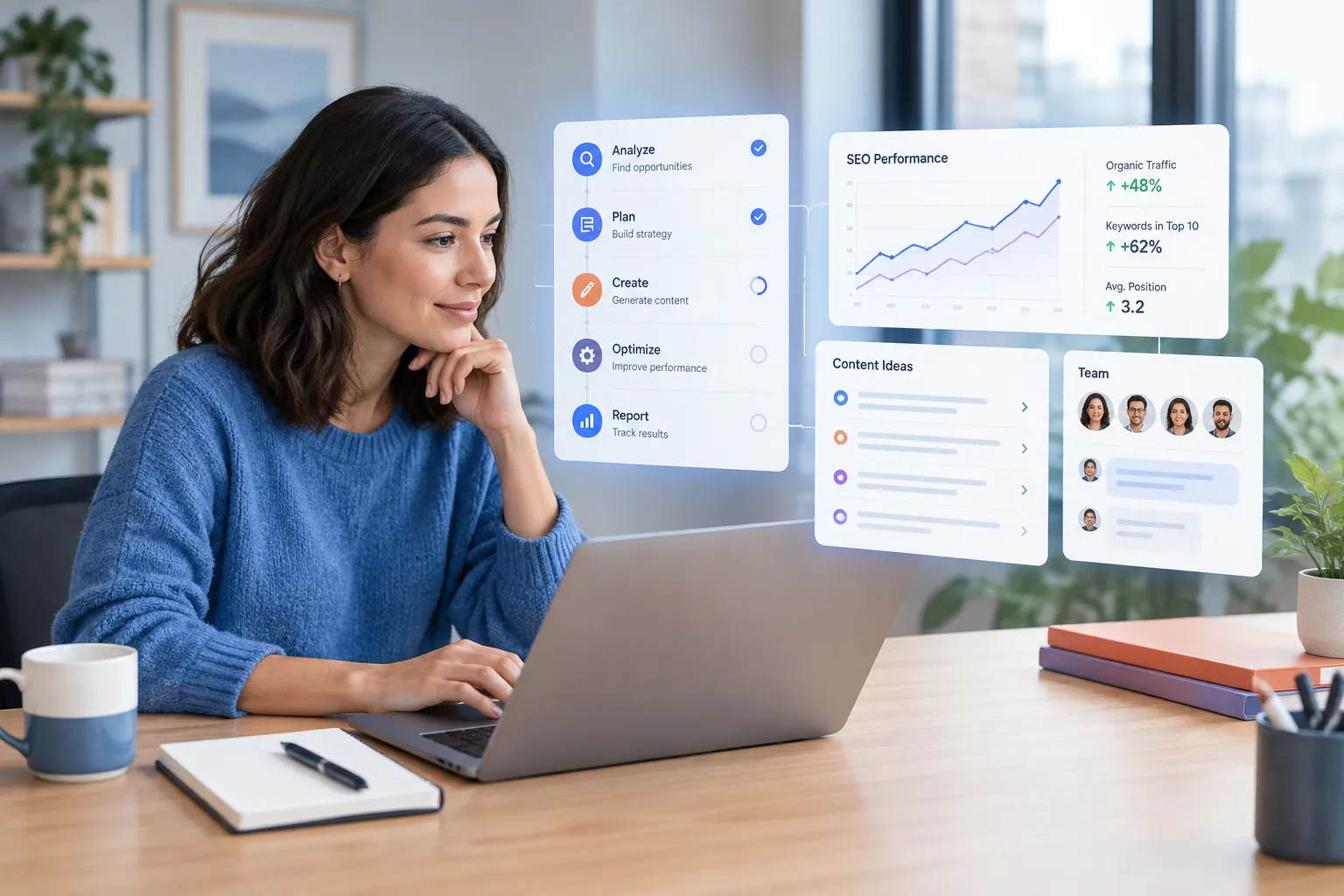 SEOKora: product UI and workflow — ai that manages seo