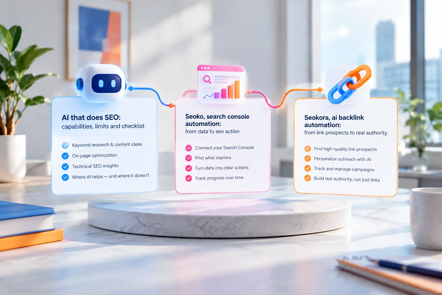 AI SEO capabilities, search console automation, and backlink strategies.