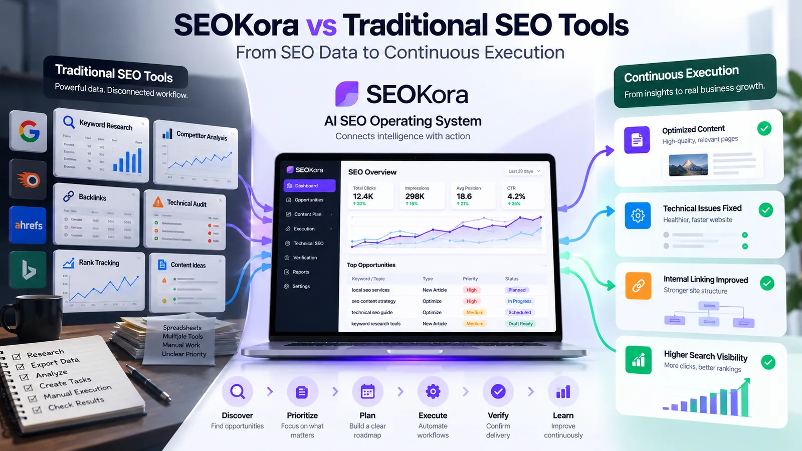 SEOKora AI SEO operating system vs traditional SEO tools for continuous SEO execution